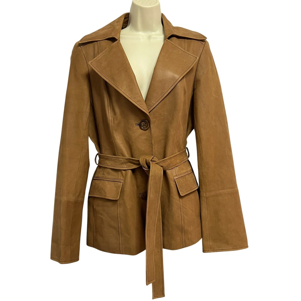 Lafayette 148 Leather Jacket Womens 12 Tan Lambskin Belted Blazer Quiet Luxury